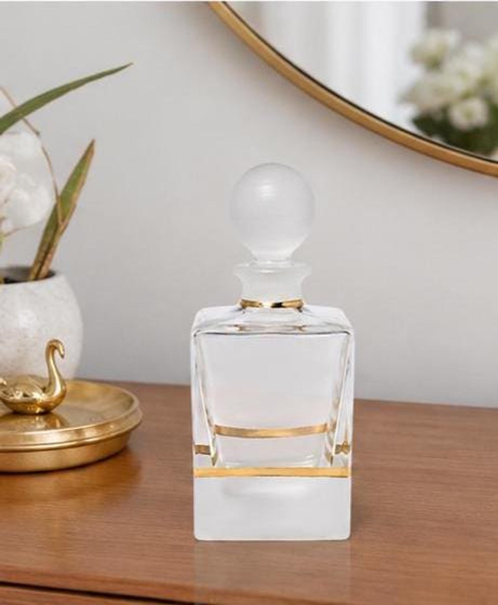 Vintage Perfume Bottle with Frosted Stopper and Gold Trim, 1970s Crystal Decor, view 4
