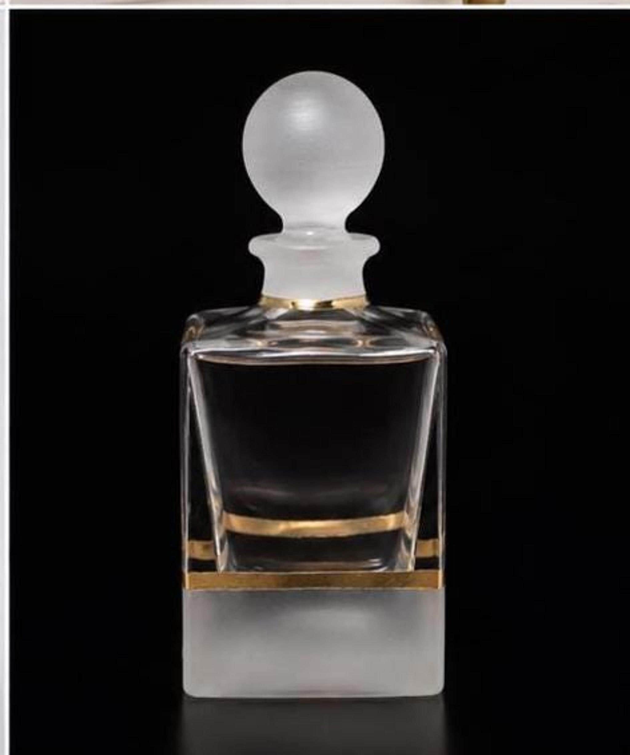 Vintage Perfume Bottle with Frosted Stopper and Gold Trim, 1970s Crystal Decor, view 6