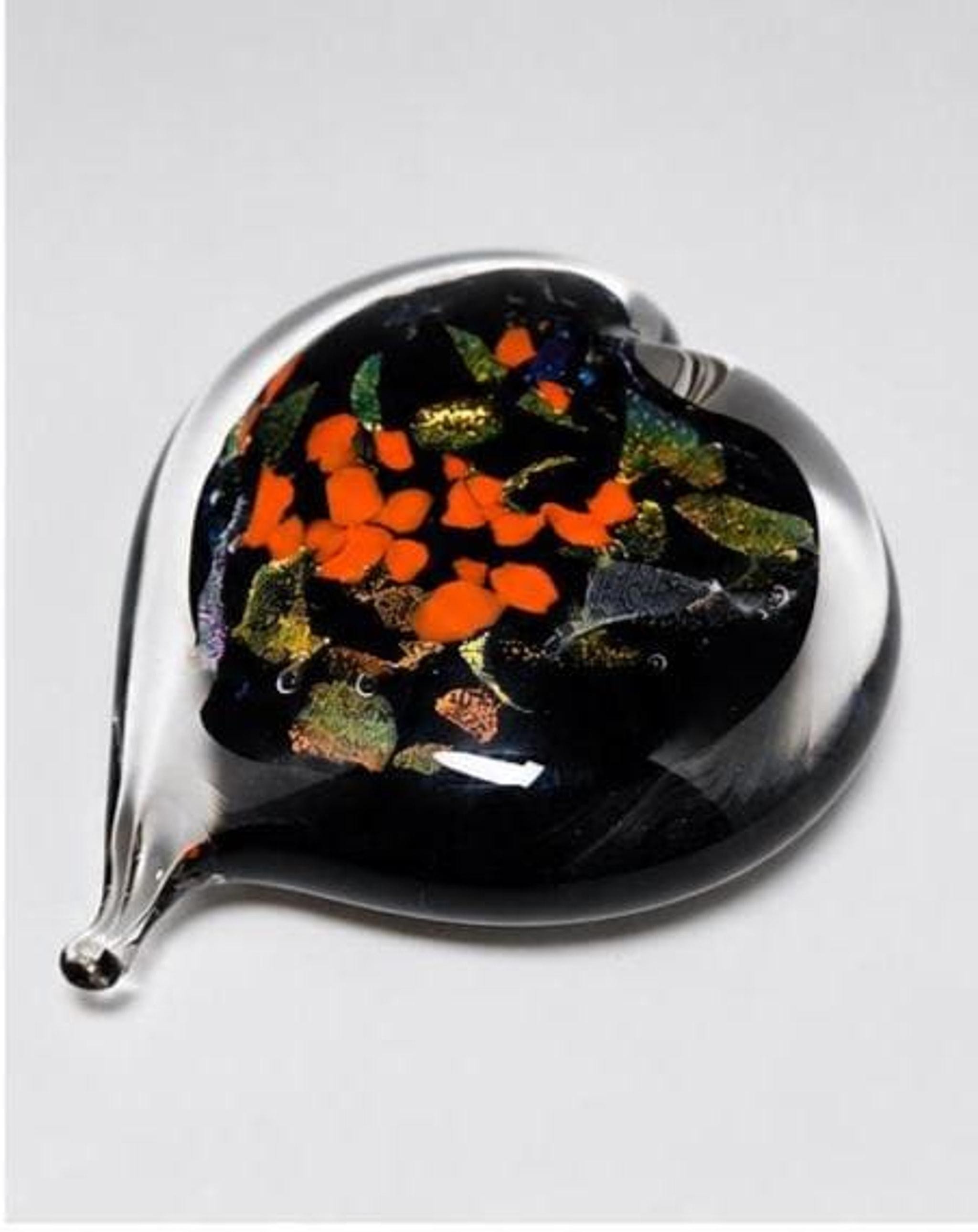 Glass Paperweight with Heart Design, Signed Hand-Blown Art in Red Gold Aventurine, view 3