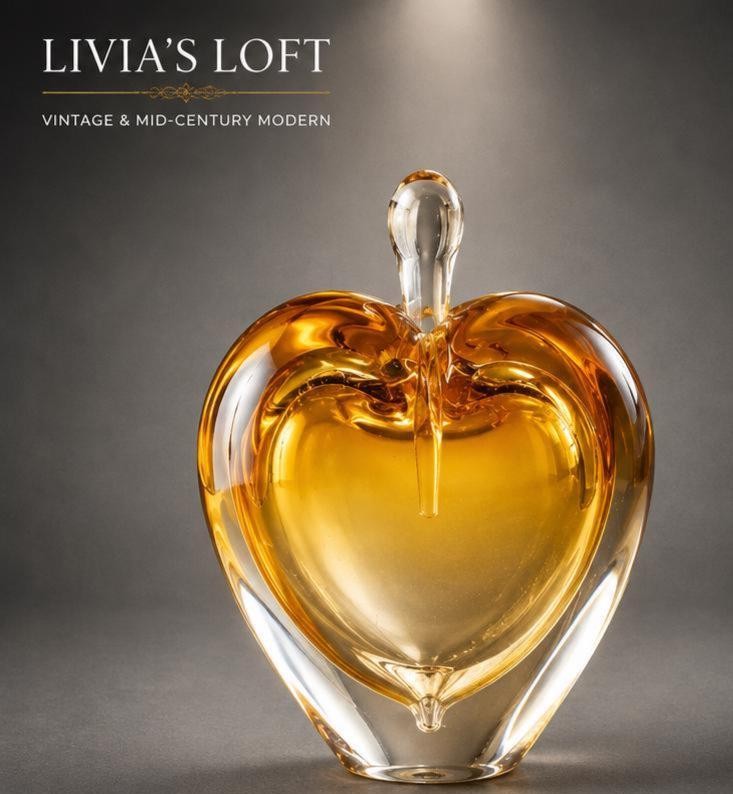 Vintage Perfume Bottle, Hand Blown Glass Heart with Amber Gold Finish