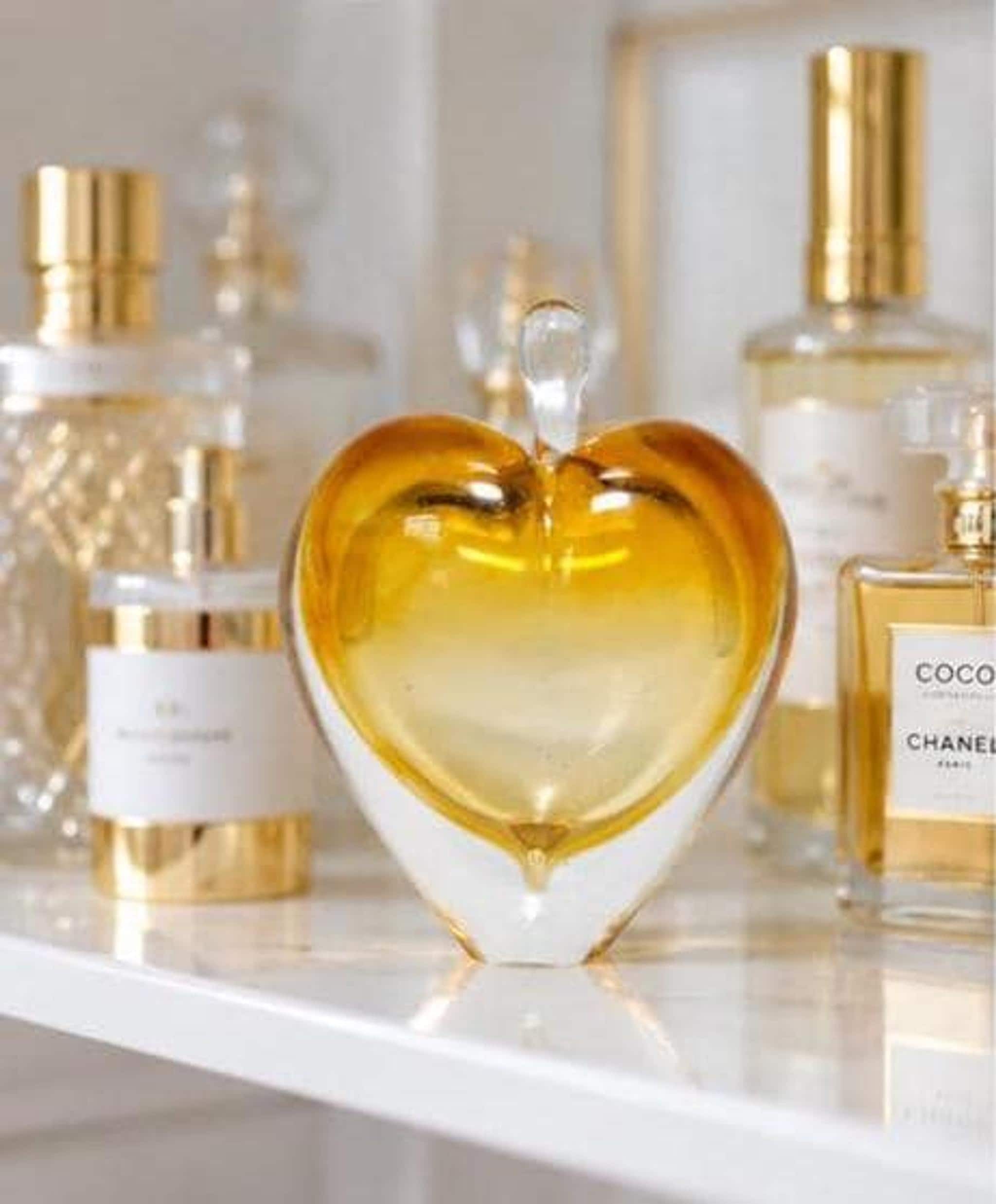 Vintage Perfume Bottle, Hand Blown Glass Heart with Amber Gold Finish, view 5