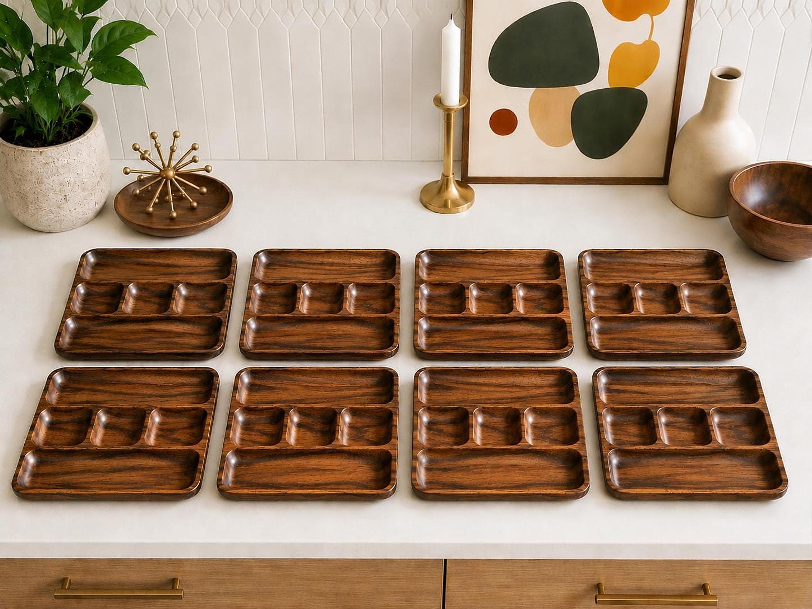 Vintage Monkey Pod Wood Divided Serving Trays, Set of 8 MCM Entertaining, view 1