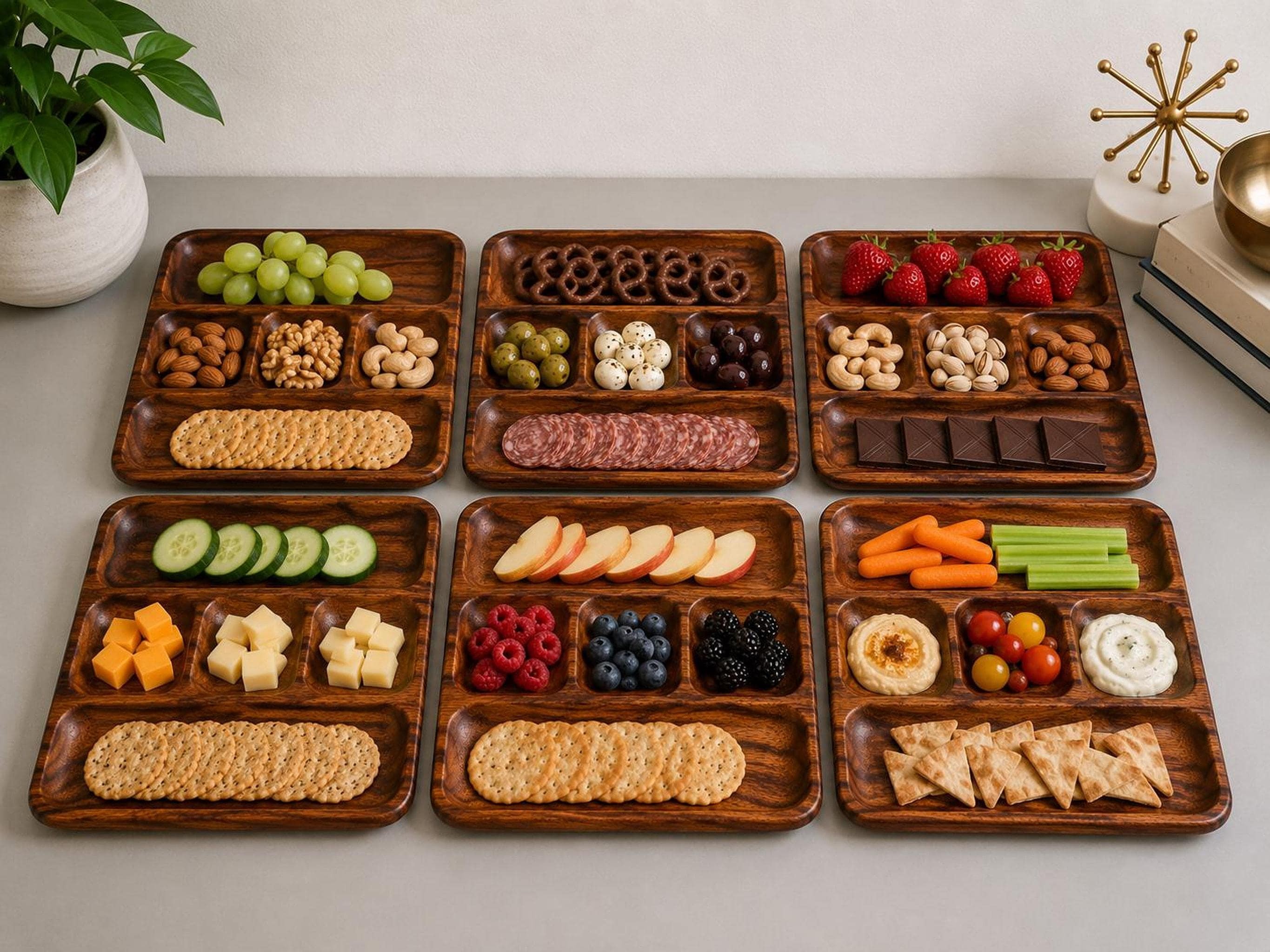 Vintage Monkey Pod Wood Divided Serving Trays, Set of 8 MCM Entertaining, view 3