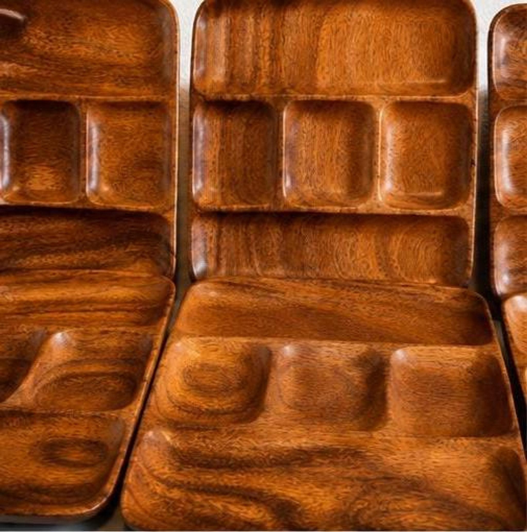 Vintage Monkey Pod Wood Divided Serving Trays, Set of 8 MCM Entertaining, view 6