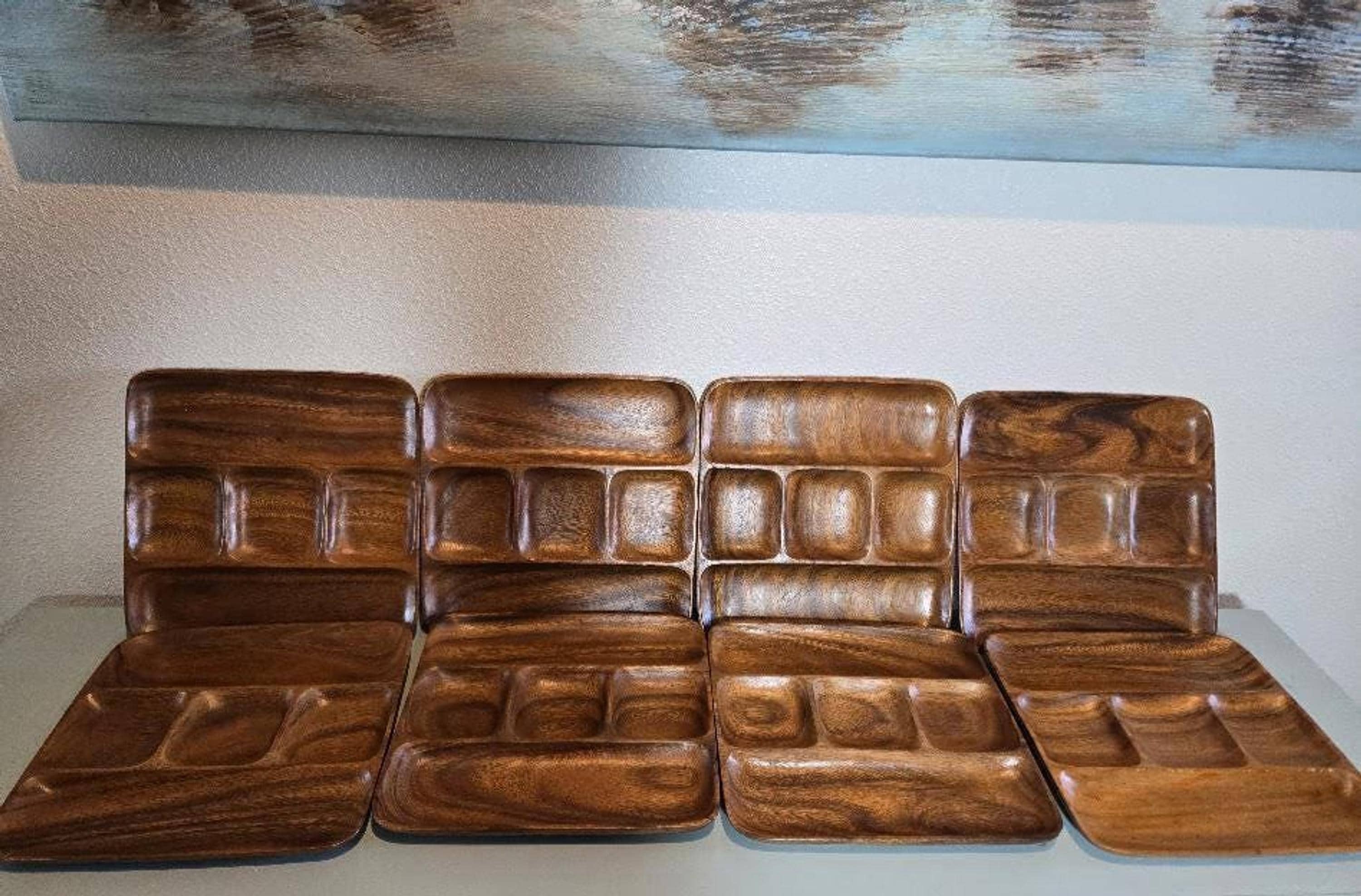 Vintage Monkey Pod Wood Divided Serving Trays, Set of 8 MCM Entertaining, view 7