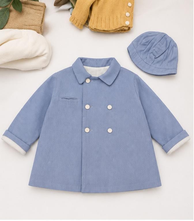 Vintage 1950s Baby Boy Corduroy Swing Coat Hat Set Light Blue 6-12 Months