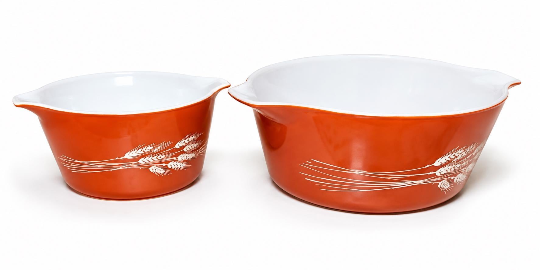 Vintage Pyrex Autumn Harvest Wheat Cinderella Mixing Bowls Set (2) Brown Nesting