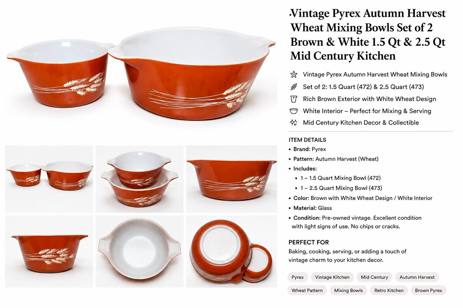 Vintage Pyrex Autumn Harvest Wheat Cinderella Mixing Bowls Set (2) Brown Nesting, view 2