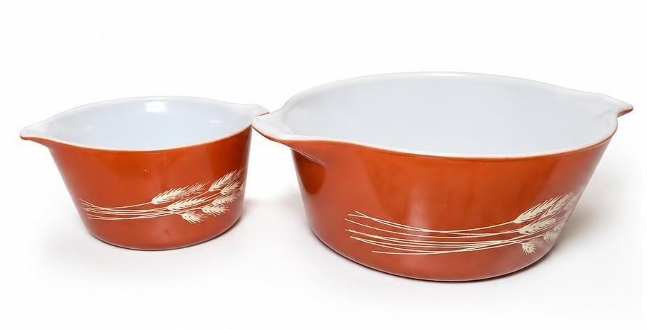 Vintage Pyrex Autumn Harvest Wheat Cinderella Mixing Bowls Set (2) Brown Nesting, view 3