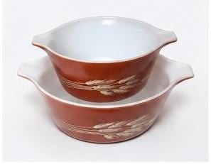 Vintage Pyrex Autumn Harvest Wheat Cinderella Mixing Bowls Set (2) Brown Nesting, view 4