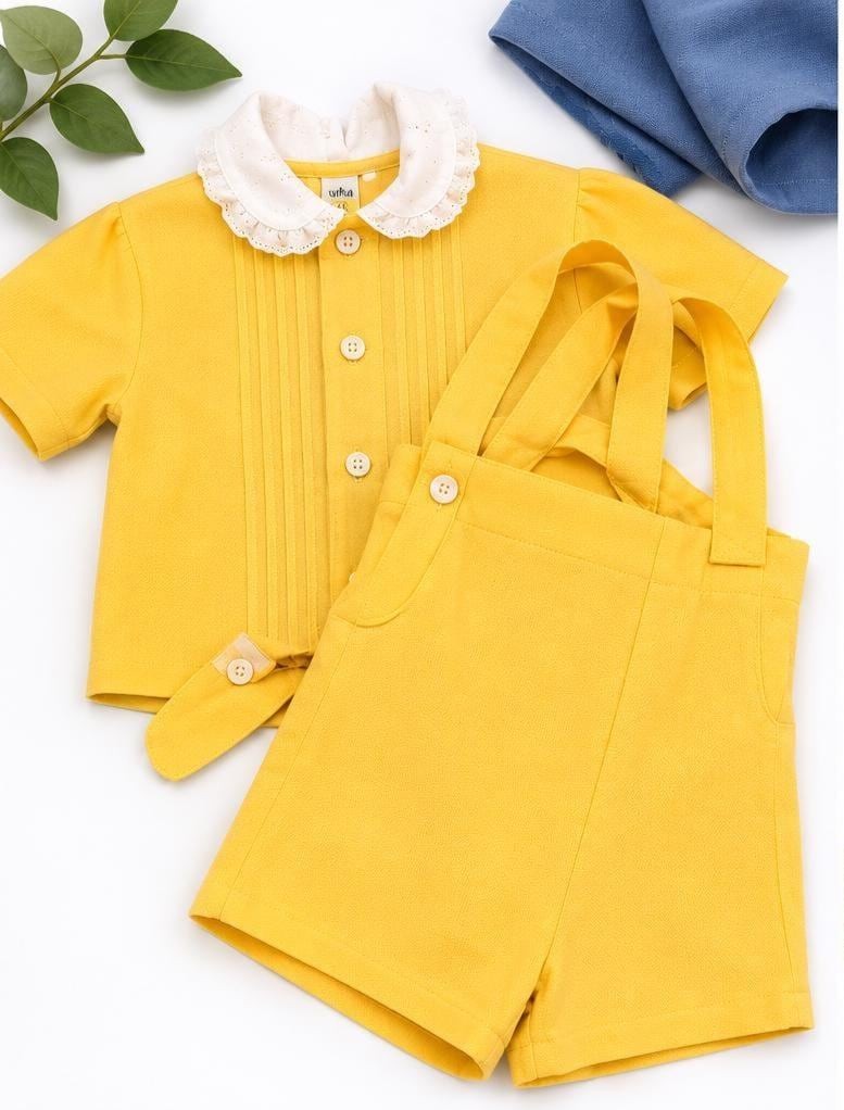 Vintage 1950s Baby Boys Yellow Outfit Set | Lace Collar Shirt, Suspender Shorts Size 3