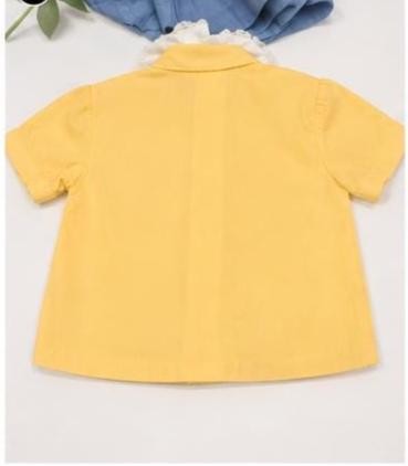 Vintage 1950s Baby Boys Yellow Outfit Set | Lace Collar Shirt, Suspender Shorts Size 3, view 4
