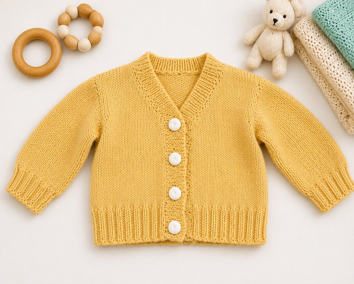 1950s Hand Knit Baby Cardigan Sweater | Mustard Button Front V-Neck Knit