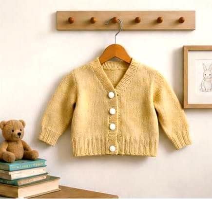 1950s Hand Knit Baby Cardigan Sweater | Mustard Button Front V-Neck Knit, view 2