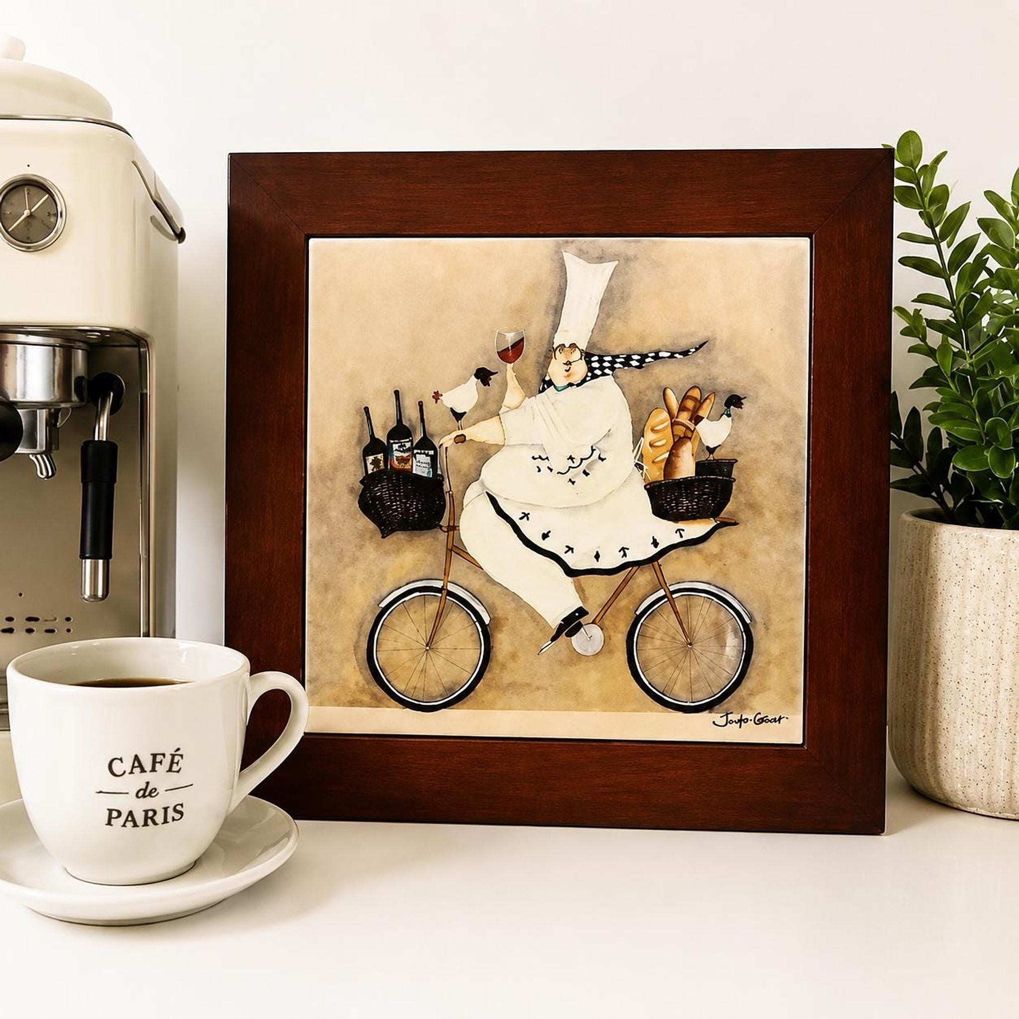 Framed Ceramic Art Tile with Whimsical French Chef on Bicycle