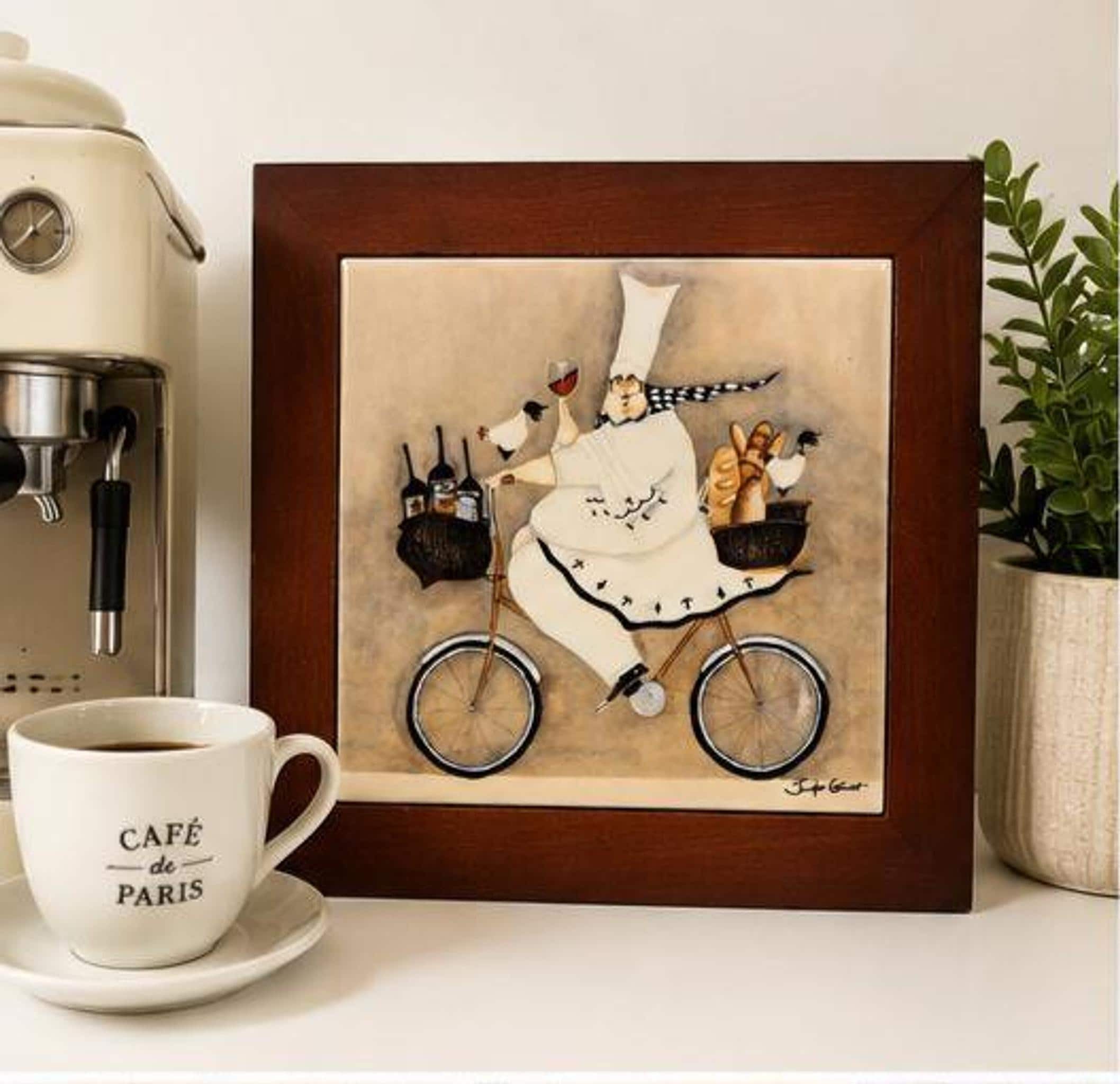 Framed Ceramic Art Tile with Whimsical French Chef on Bicycle, view 3