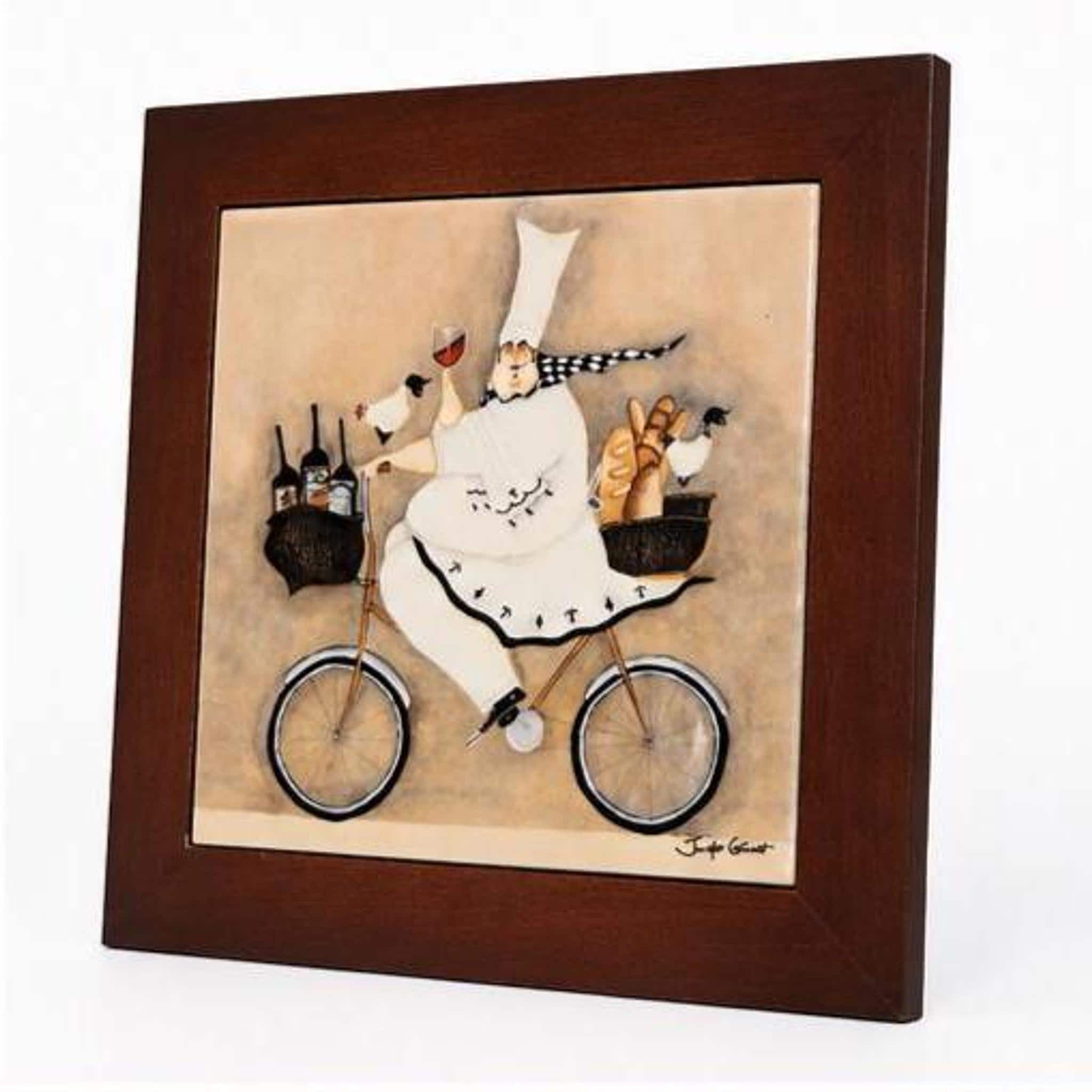 Framed Ceramic Art Tile with Whimsical French Chef on Bicycle, view 4