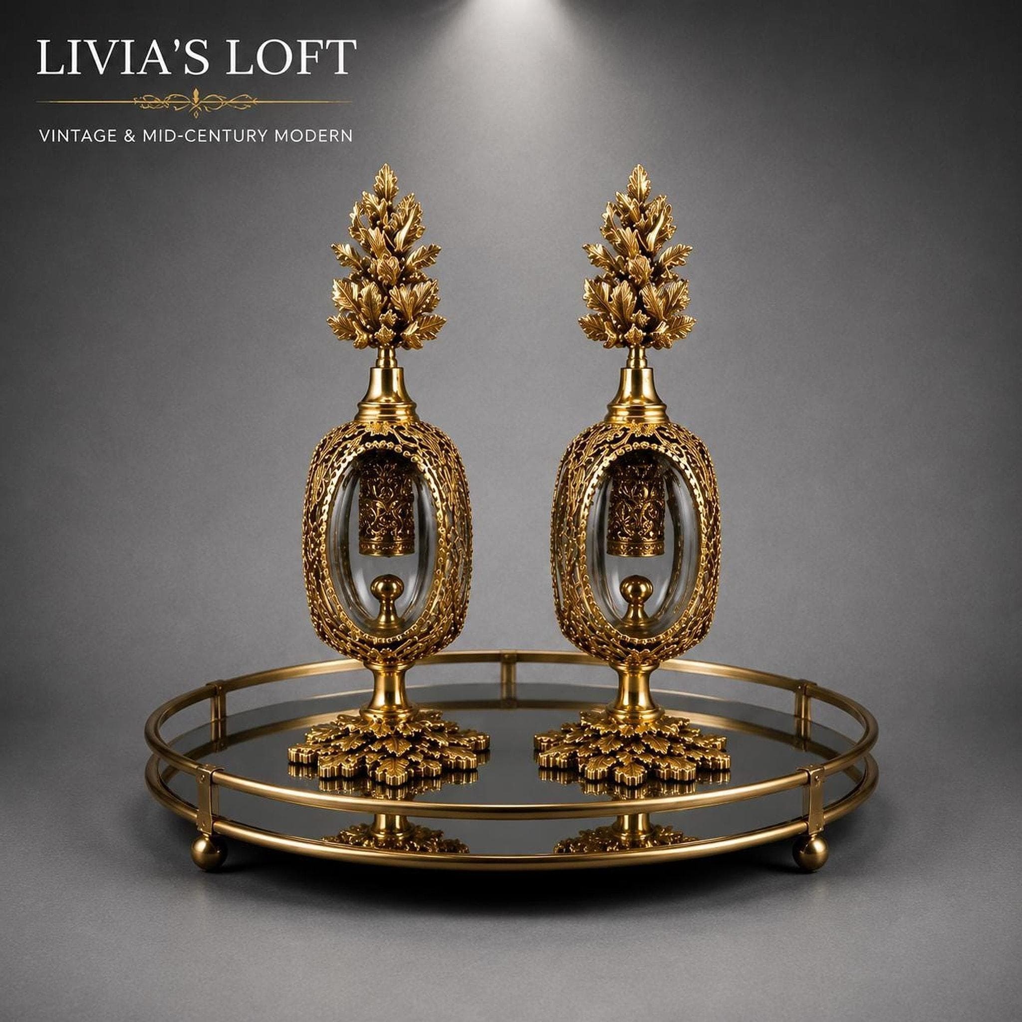Pair of vintage perfume bottles with oak leaf stoppers