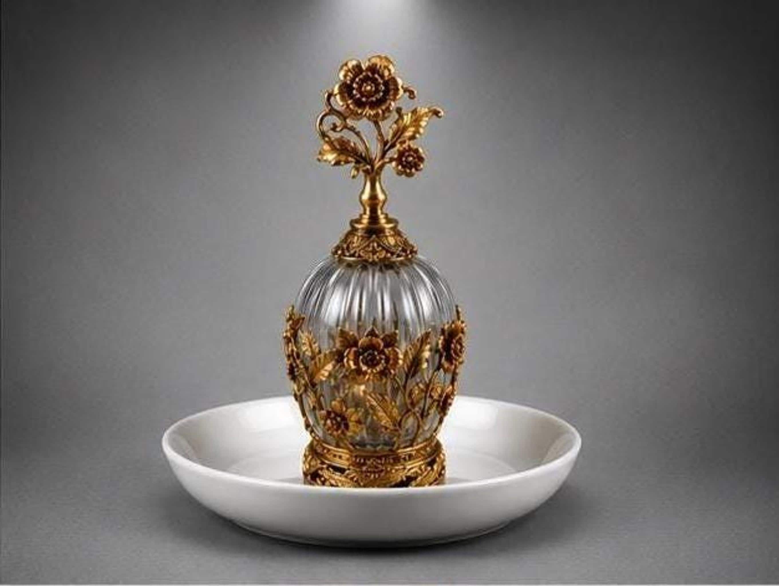 Vintage Perfume Bottle with Gold Filigree and Original Stopper, view 2