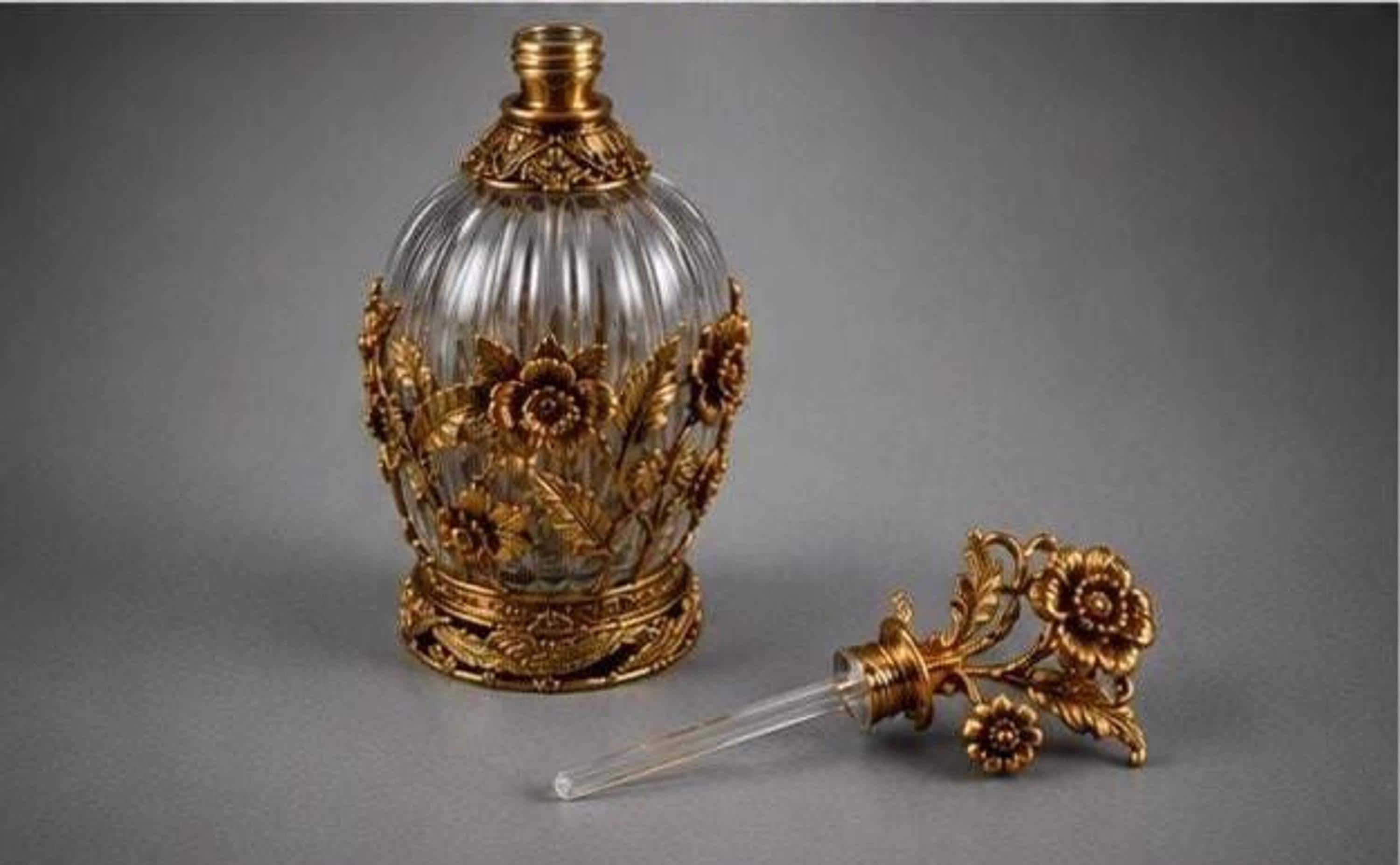 Vintage Perfume Bottle with Gold Filigree and Original Stopper, view 5