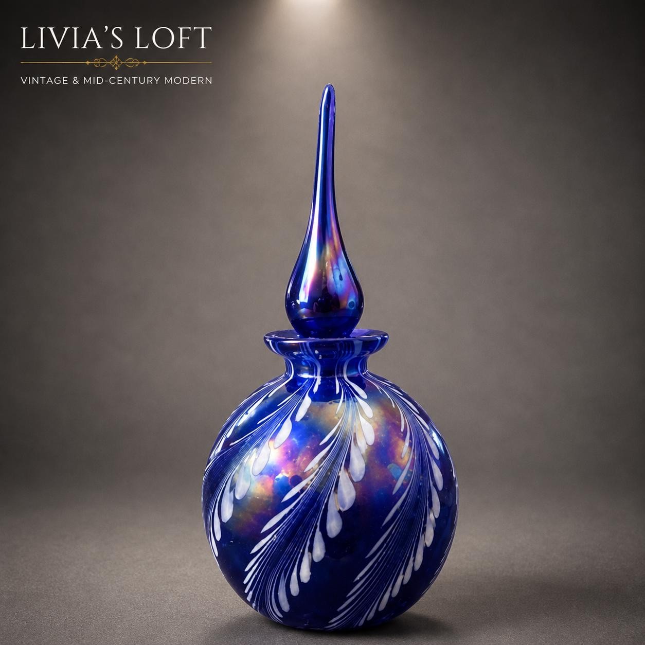 Cobalt Blue Art Glass Perfume Bottle, Iridescent Pulled Feather Design, Hand Blown Studio Decanter, Art Nouveau Style Vanity Decor