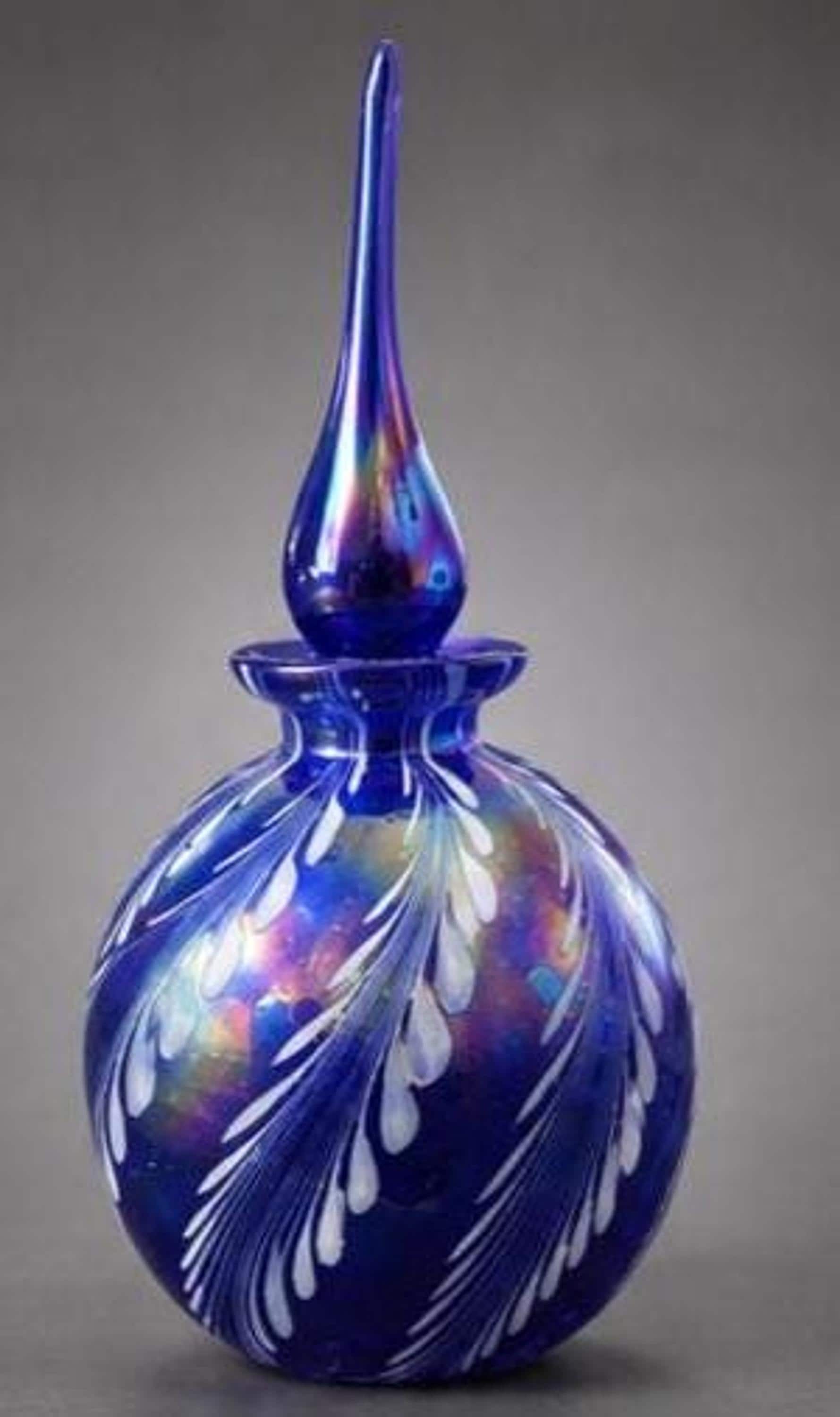 Cobalt Blue Art Glass Perfume Bottle, Iridescent Pulled Feather Design, Hand Blown Studio Decanter, Art Nouveau Style Vanity Decor, view 2