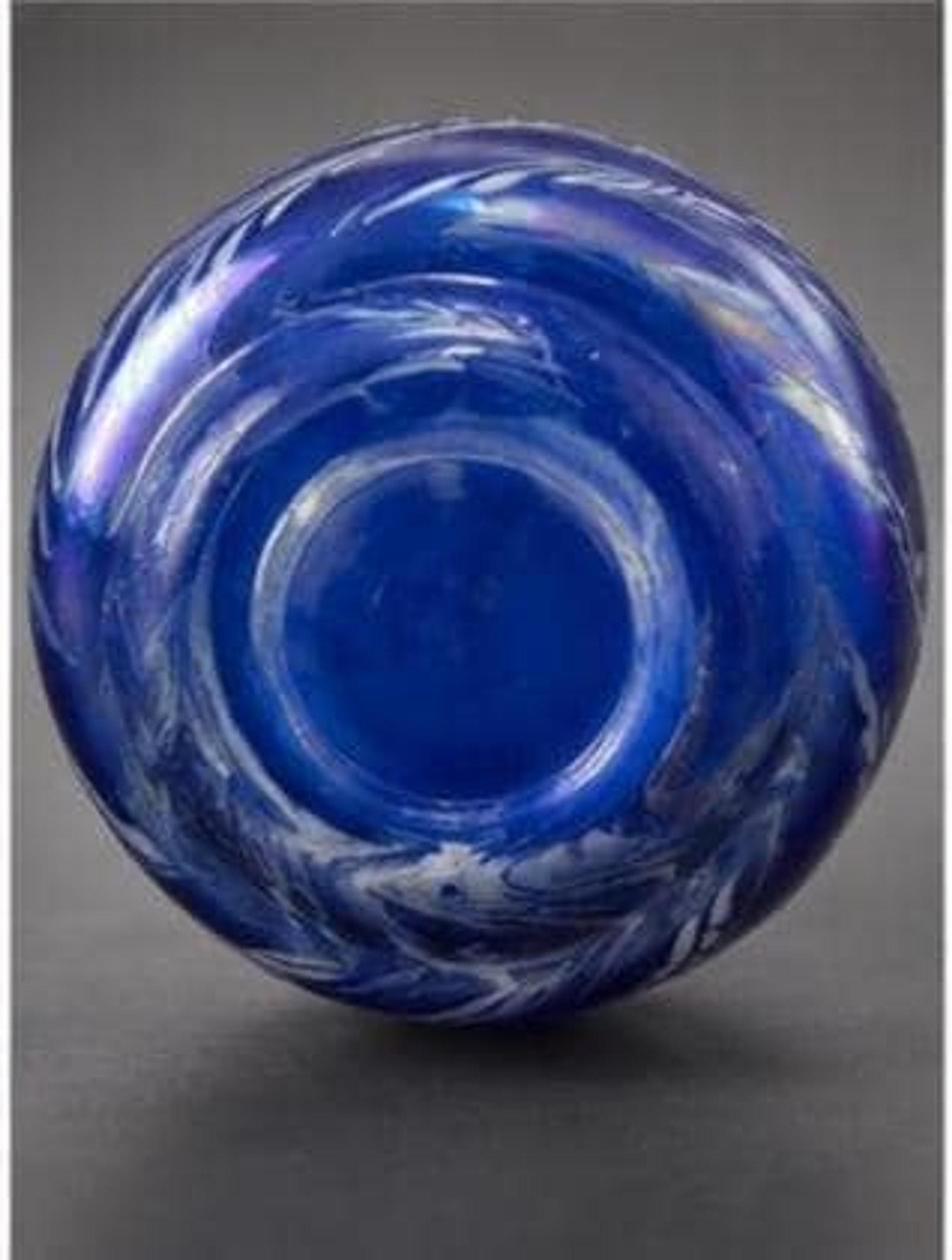 Cobalt Blue Art Glass Perfume Bottle, Iridescent Pulled Feather Design, Hand Blown Studio Decanter, Art Nouveau Style Vanity Decor, view 3