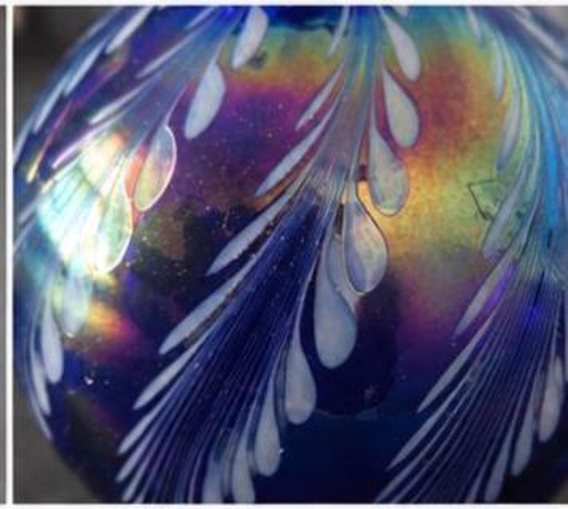 Cobalt Blue Art Glass Perfume Bottle, Iridescent Pulled Feather Design, Hand Blown Studio Decanter, Art Nouveau Style Vanity Decor, view 4