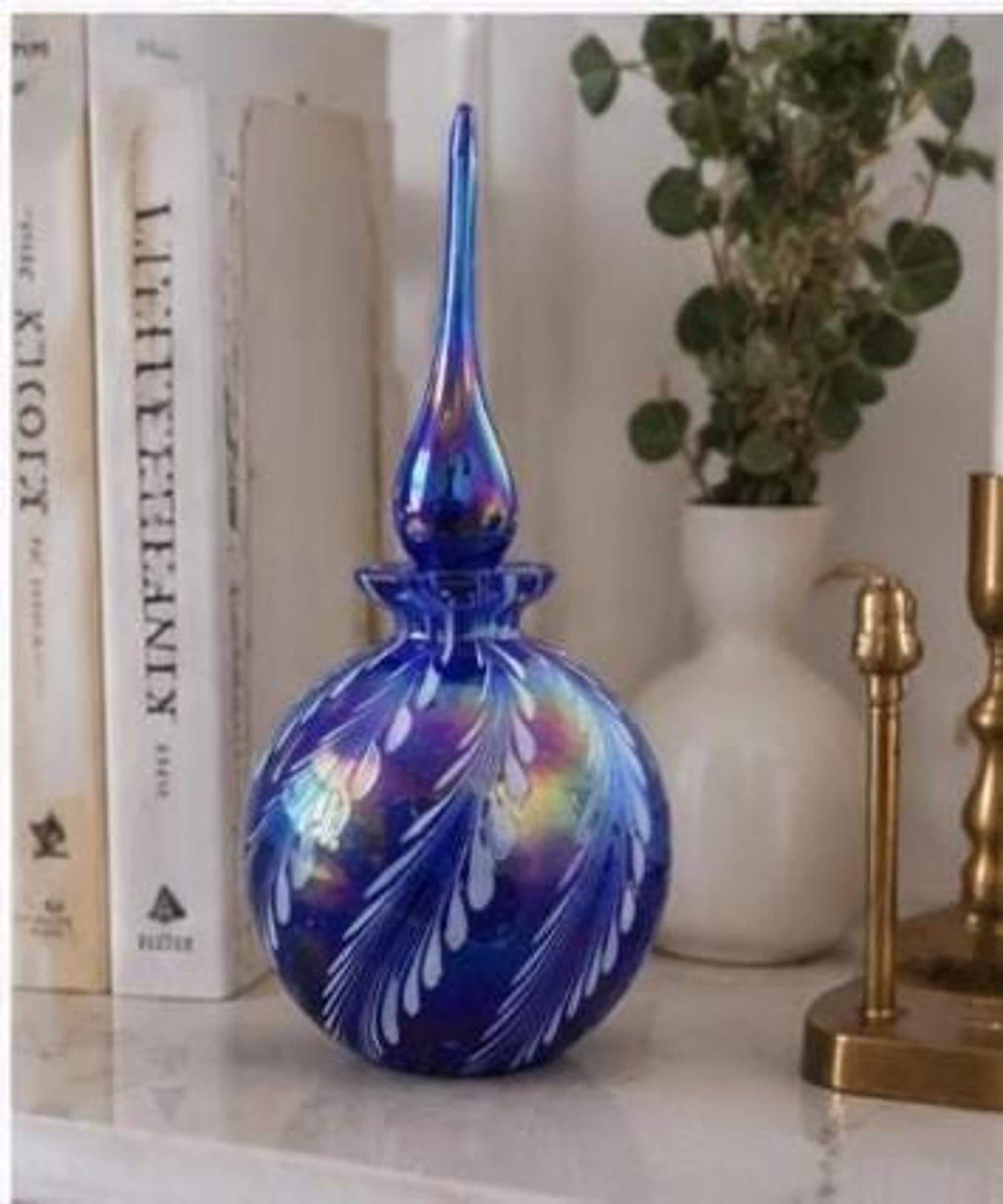 Cobalt Blue Art Glass Perfume Bottle, Iridescent Pulled Feather Design, Hand Blown Studio Decanter, Art Nouveau Style Vanity Decor, view 5