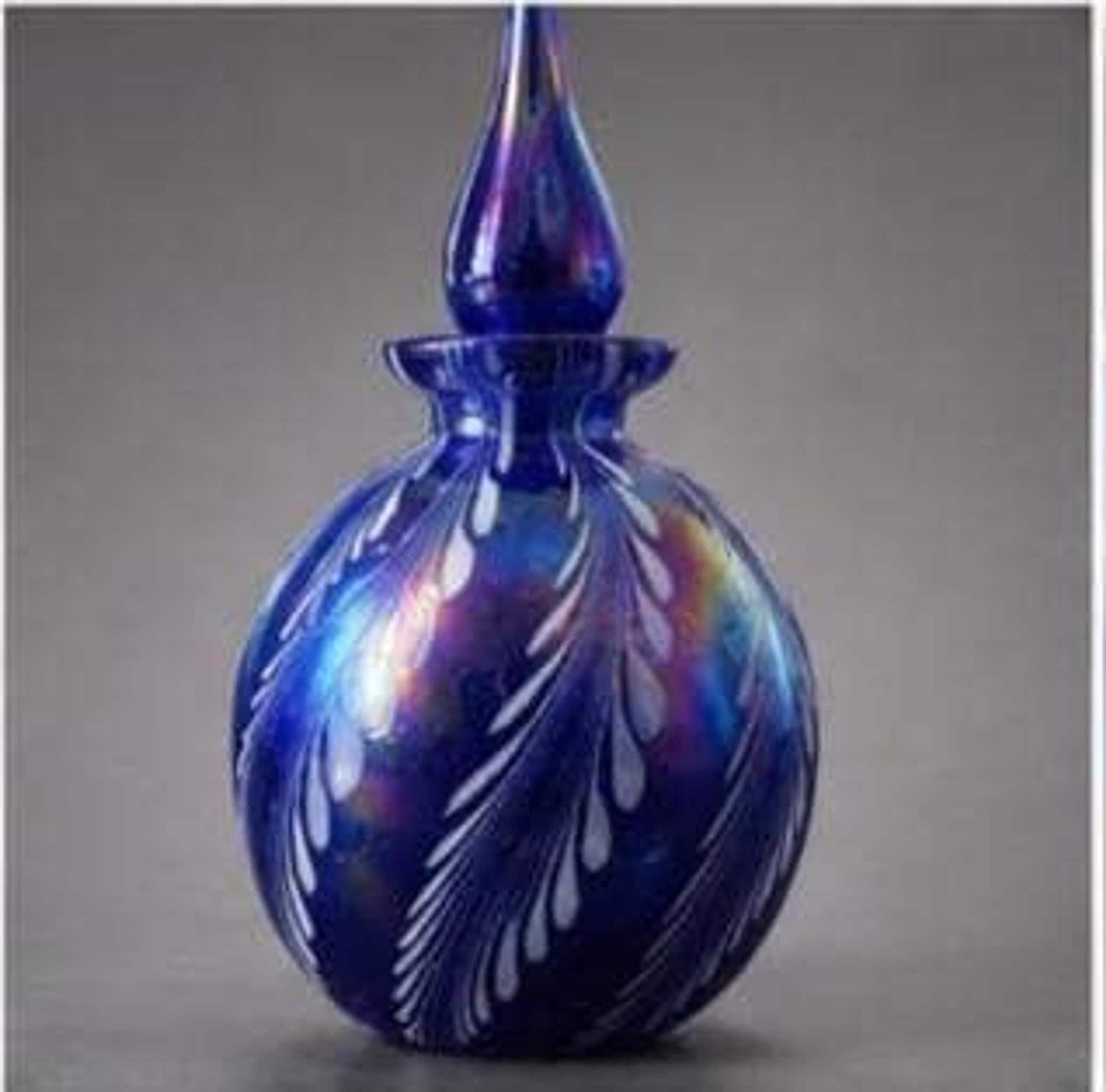 Cobalt Blue Art Glass Perfume Bottle, Iridescent Pulled Feather Design, Hand Blown Studio Decanter, Art Nouveau Style Vanity Decor, view 6