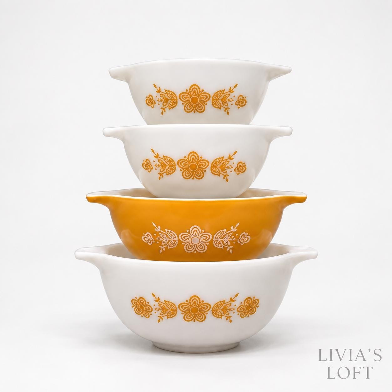 Vintage Pyrex Butterfly Gold Cinderella Nesting Mixing Bowls, Complete Set of 4, #441 442 443 444, Retro Kitchen Decor, Made in USA