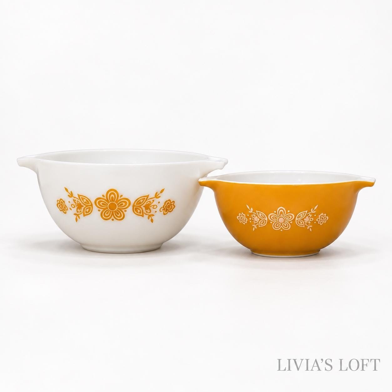 Vintage Pyrex Butterfly Gold Cinderella Nesting Mixing Bowls, Complete Set of 4, #441 442 443 444, Retro Kitchen Decor, Made in USA, view 2