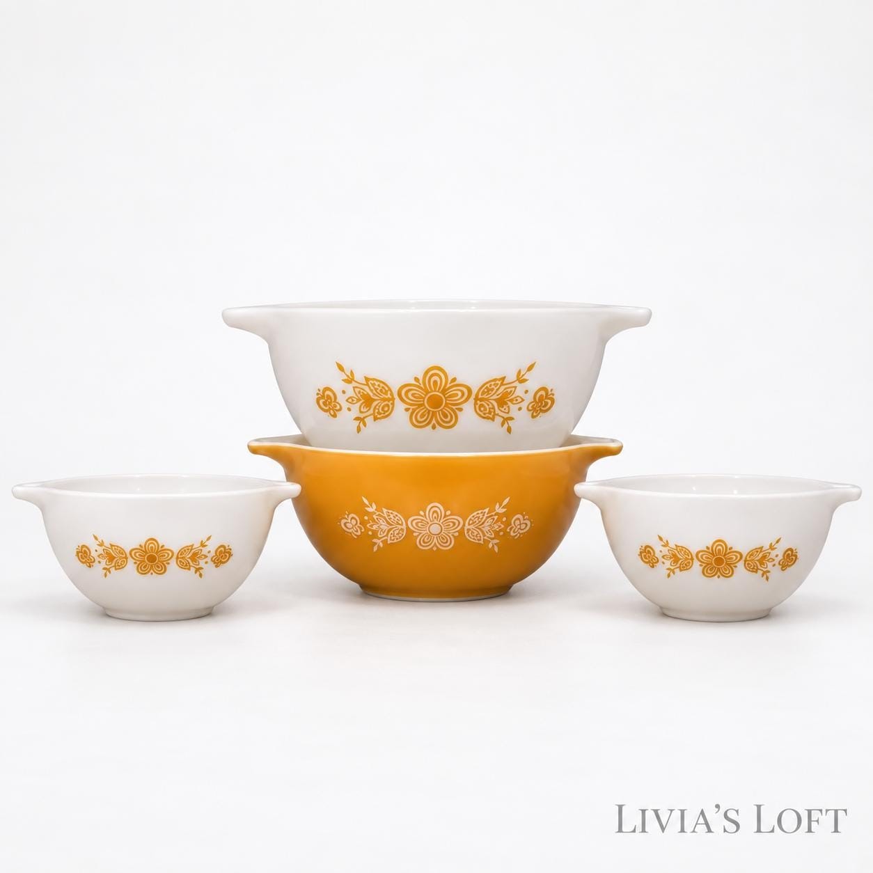 Vintage Pyrex Butterfly Gold Cinderella Nesting Mixing Bowls, Complete Set of 4, #441 442 443 444, Retro Kitchen Decor, Made in USA, view 3