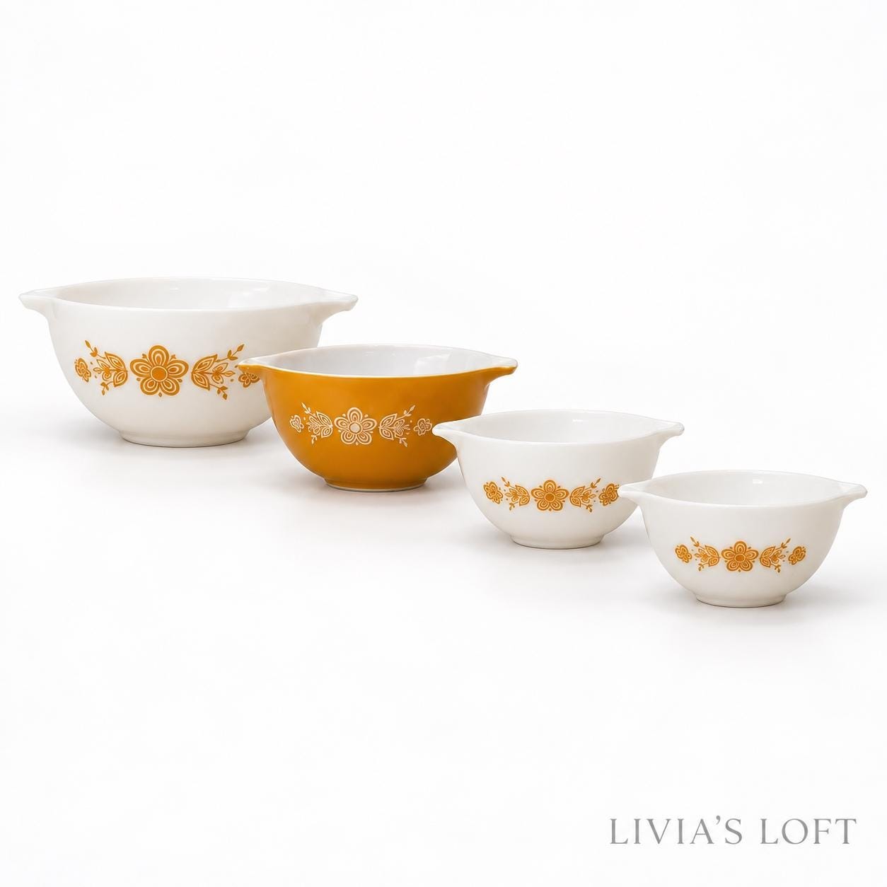 Vintage Pyrex Butterfly Gold Cinderella Nesting Mixing Bowls, Complete Set of 4, #441 442 443 444, Retro Kitchen Decor, Made in USA, view 4