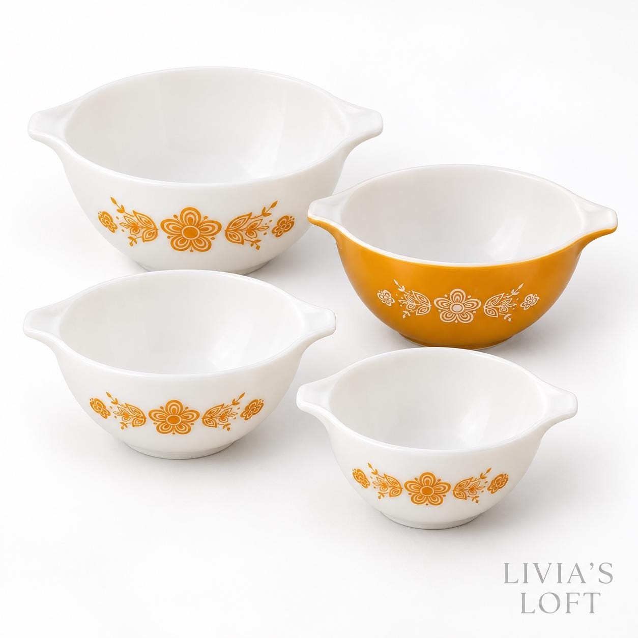 Vintage Pyrex Butterfly Gold Cinderella Nesting Mixing Bowls, Complete Set of 4, #441 442 443 444, Retro Kitchen Decor, Made in USA, view 5