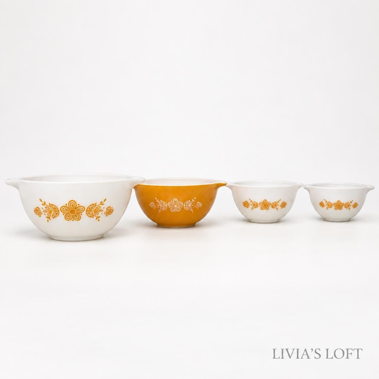 Vintage Pyrex Butterfly Gold Cinderella Nesting Mixing Bowls, Complete Set of 4, #441 442 443 444, Retro Kitchen Decor, Made in USA, view 6