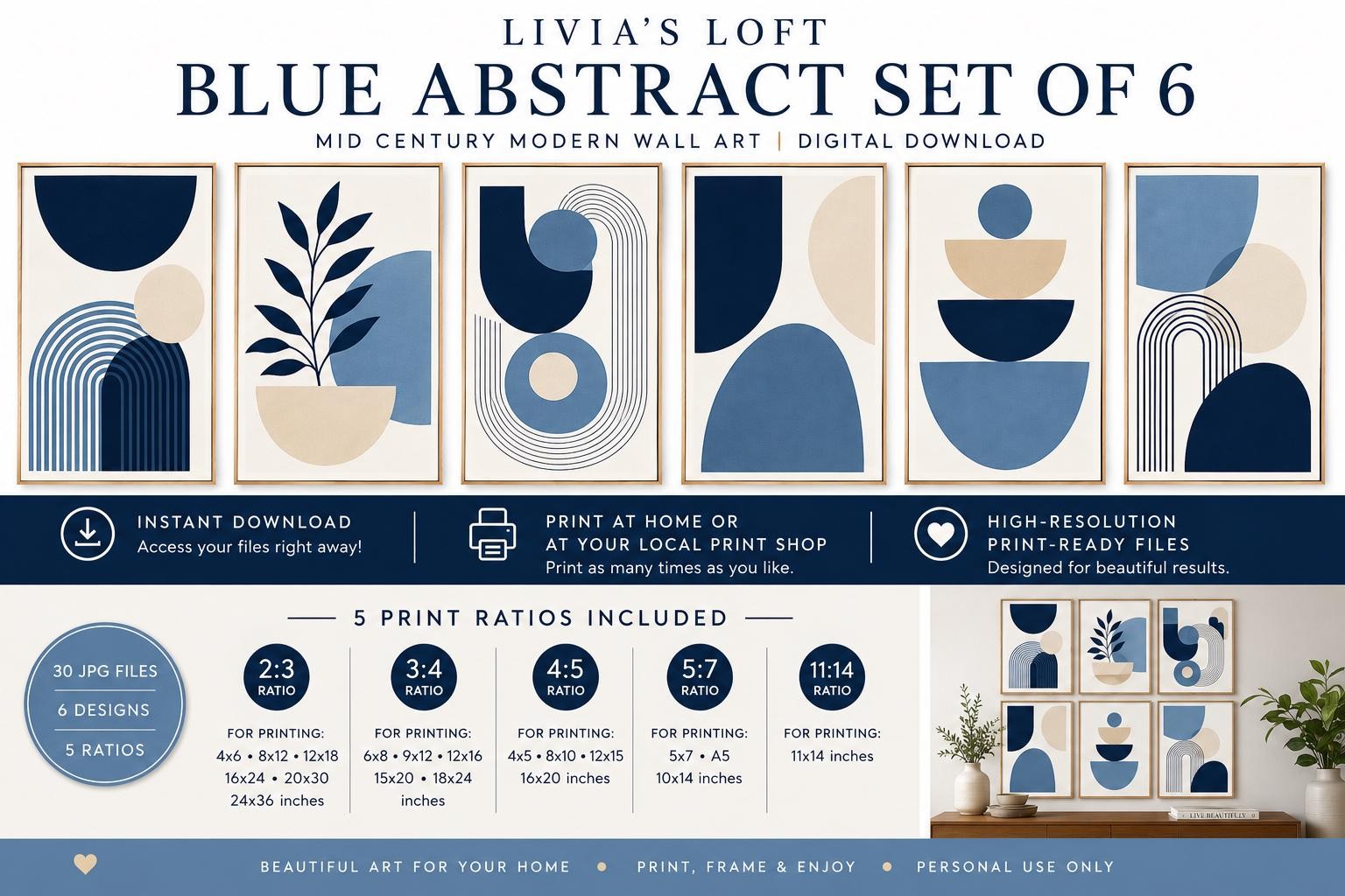 Decorative Glass Blue Abstract Wall Art Set, Mid-Century Modern Digital Download