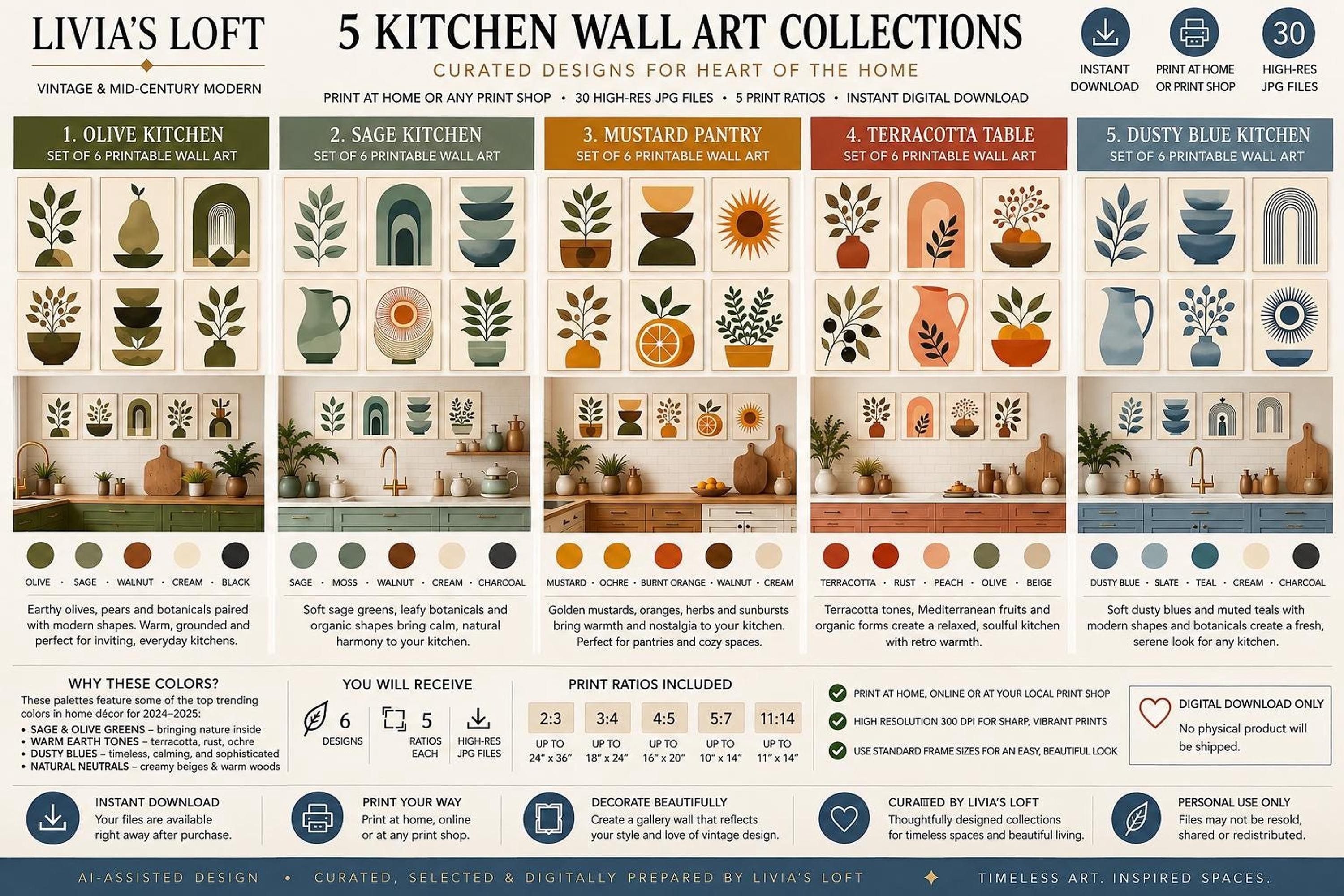 Mid Century Modern Kitchen Wall Art Set of 6, Printable MCM Kitchen Decor, Retro Prints, Vintage Inspired Digital Download