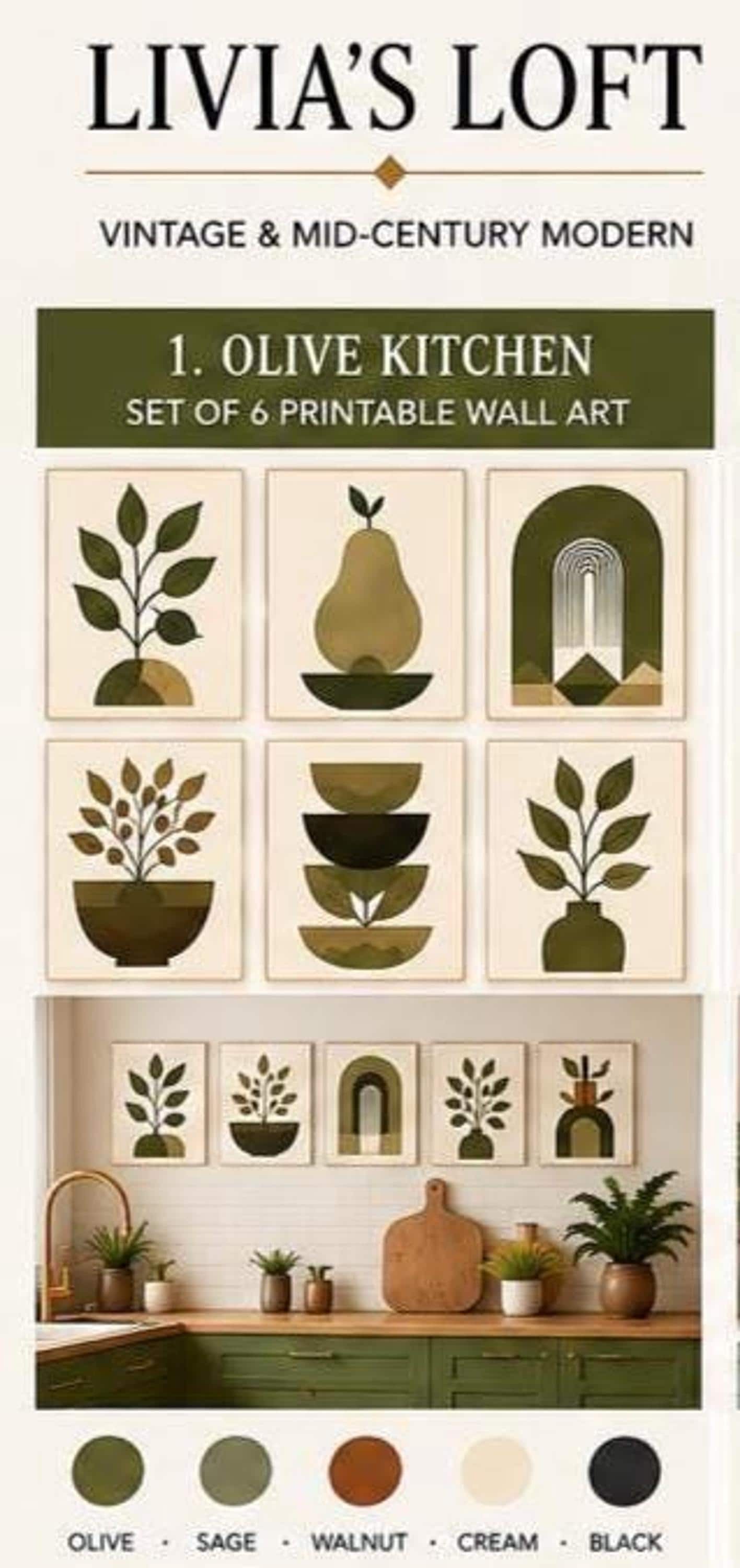 Mid Century Modern Kitchen Wall Art Set of 6, Printable MCM Kitchen Decor, Retro Prints, Vintage Inspired Digital Download, view 2