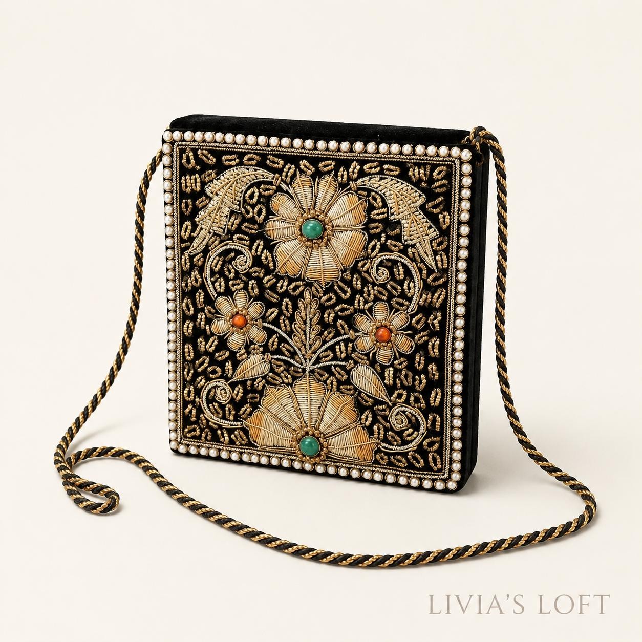 Vintage Evening Bag, Black Velvet Indian Embroidered Crossbody Purse