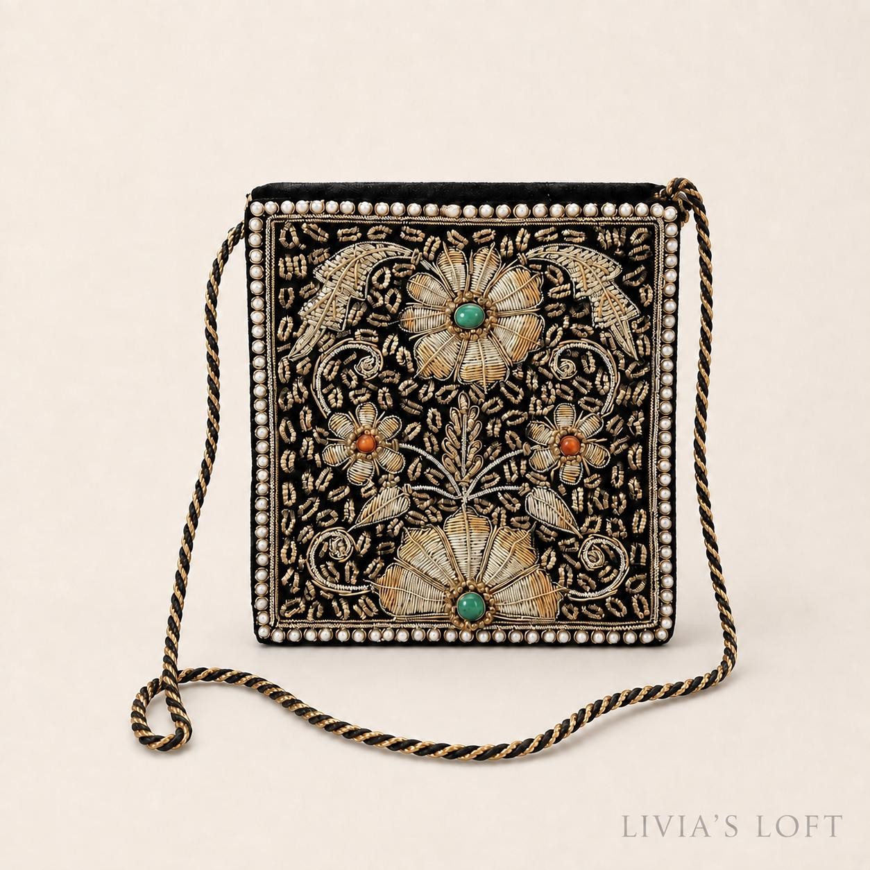 Vintage Evening Bag, Black Velvet Indian Embroidered Crossbody Purse, view 2
