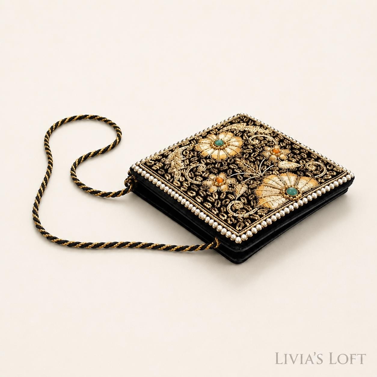 Vintage Evening Bag, Black Velvet Indian Embroidered Crossbody Purse, view 4