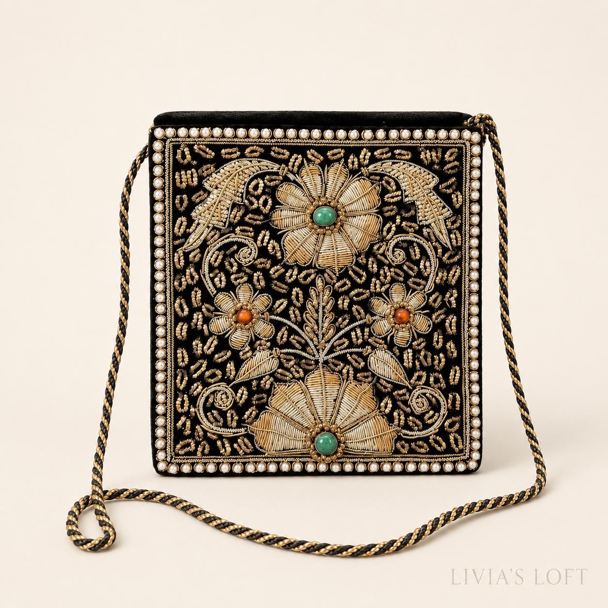 Vintage Evening Bag, Black Velvet Indian Embroidered Crossbody Purse, view 5