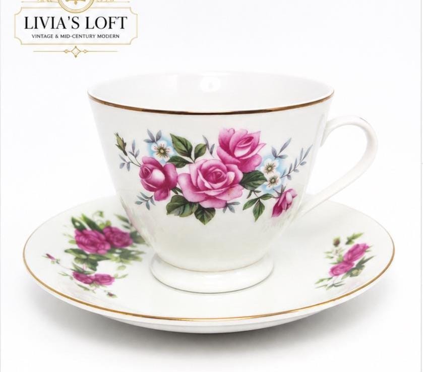 Vintage Pink Rose Floral Teacup & Saucer | Gold Trim Bone China (English Style)