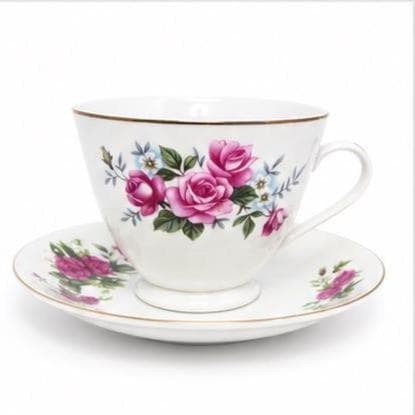 Vintage Pink Rose Floral Teacup & Saucer | Gold Trim Bone China (English Style), view 2