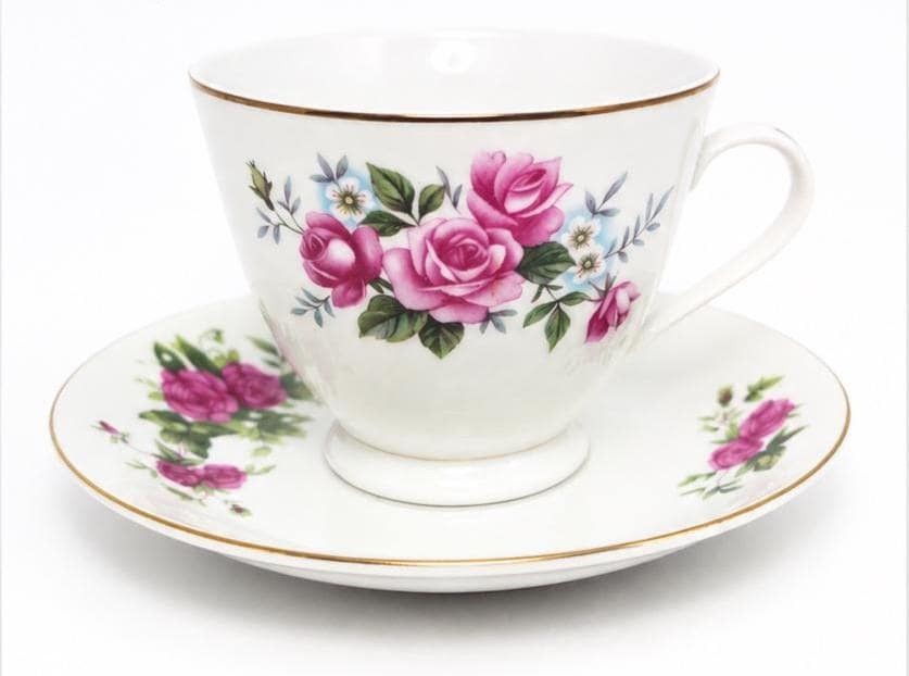 Vintage Pink Rose Floral Teacup & Saucer | Gold Trim Bone China (English Style), view 6