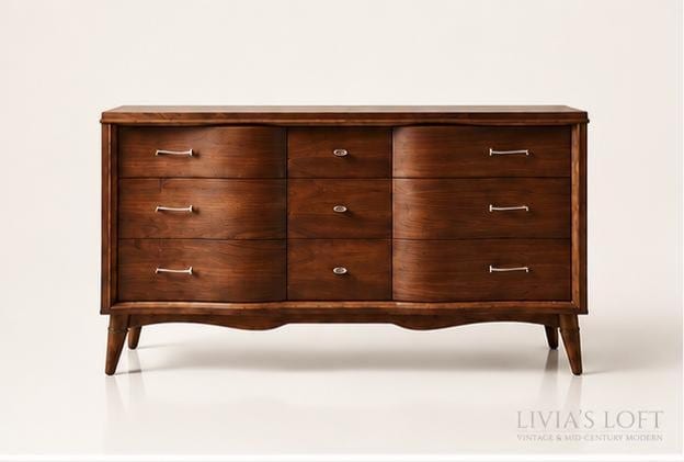 Vintage MCM Walnut Dresser I Forward Furniture by Unagusta | 9 Drawer Credenza | Restored Bedroom Sideboard, view 2