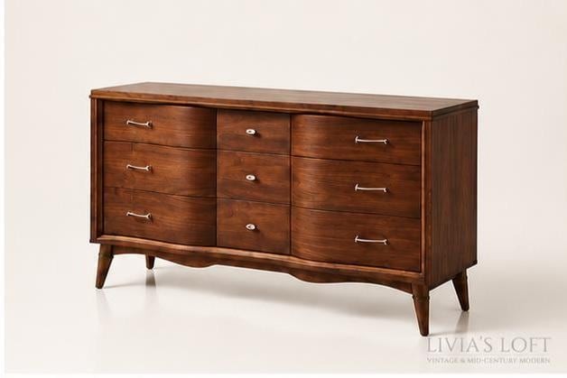 Vintage MCM Walnut Dresser I Forward Furniture by Unagusta | 9 Drawer Credenza | Restored Bedroom Sideboard, view 3