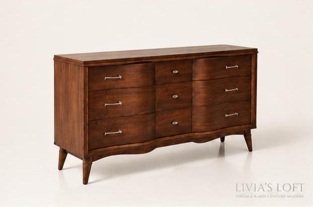 Vintage MCM Walnut Dresser I Forward Furniture by Unagusta | 9 Drawer Credenza | Restored Bedroom Sideboard, view 4