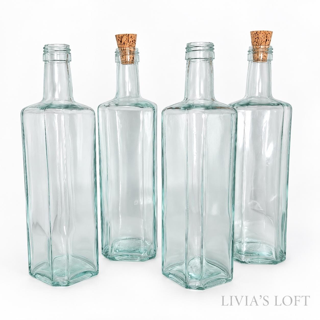 Vintage Style Glass Bottles with Cork Stoppers, Set of 4, Clear Apothecary , Square Decorative, Kitchen Storage Decor